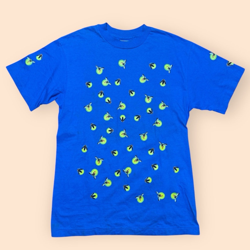 Vintage 1980s Fireflies All Over Print T Shirt Medium Blue Vtg 80s AOP